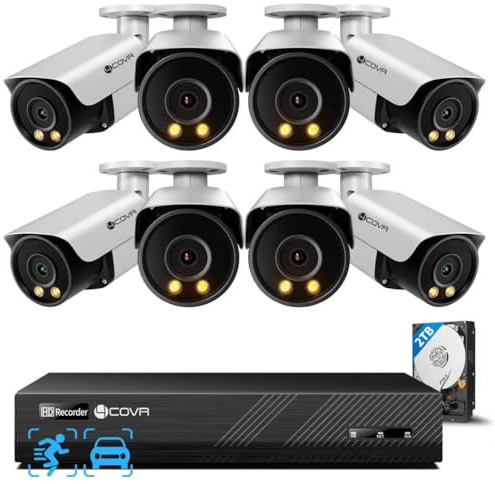 4COVR 12MP Überwachungskamera Set Aussen, 8CH UHD NVR 2TB, DLY37YXAM0808 | 8×12MP Bullet PoE IP Kamera mit 2-Wege Audio, Personen-/Fahrzeugerkennung & Smart Farb-Nachtsicht, 24/7 Aufzeichnung