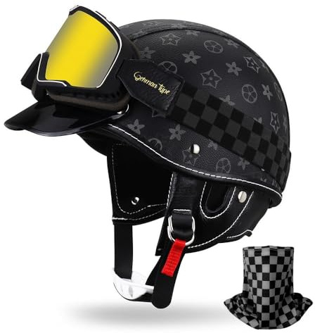 HALYING Casco Moto Vintage Scodella Semi Aperto - ABS Antishock + EPS Ammortizzante, Fibbia Doppia D Metallica, Visiera, Interno Traspirante per Scooter/Moto (Uomo/Donna)