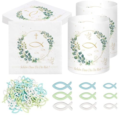 Forhandy Windlicht Tischdeko Set Schön DASS Du Da Bist Windlichter Taufdeko | Eukalyptus Grün Tischdeko Hochzeit - 12 Windlichter+20 Servietten Taufe+60 Holzfische Streudeko für Teelichter oder Kerzen