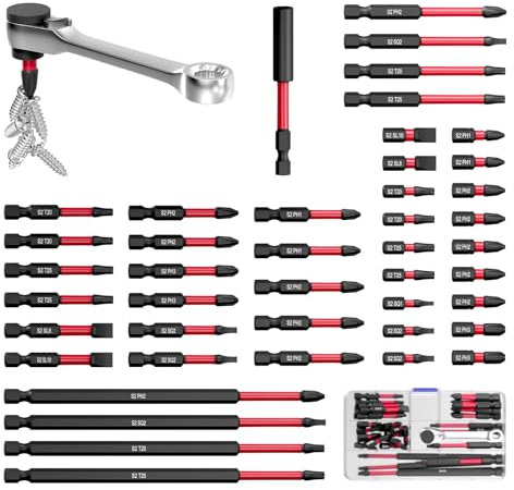 46Pcs Magnetic Drill Bit Set, S2 Steel Screwdriver Impact Bits Kit with 1Pc Magnetic Bit Holder & Mini Ratchet Wrench, Used for Power Screwdrivers and Electric Drill Drivers | With 1Pc Magnetic Bit Holder & a Wrench, Used for Power Screwdrivers and Electric Drill Drivers