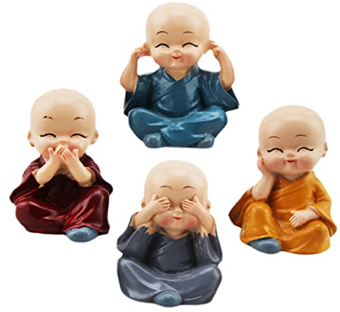 Amosfun 4 Stück Kleine Mönchsfigur aus Kunstharz für Auto Deko | Flachboden, Handgeflochtener Strohhut, Modern Minimalistischer Stil, Leicht und Tragbar, für Kinder