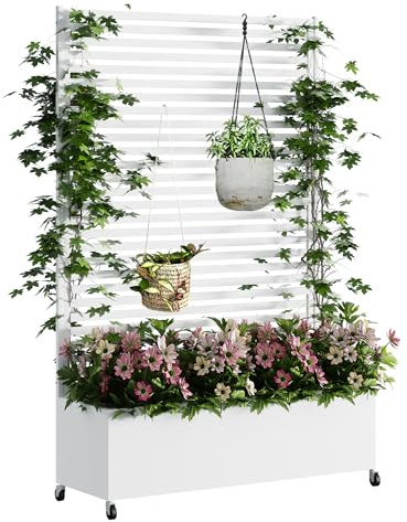 TinFrey Pflanzkasten mit Sichtschutz für den Außenbereich Freistehender Pflanzkasten aus Metall mit Rankgitter Rädern für Blumen, Gemüse, Kletterpflanzen Blumenkasten für Terrasse, Balkon, Garten