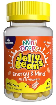 Mini Drops Jelly Beans Energy & Mind - 8 B Vitamins including B12 to Support Energy, Mental and Reduce Tiredness - Tropical, No Added Sugar Gluten Free - 60 Beans for Children Ages 4-12 by Natures Aid