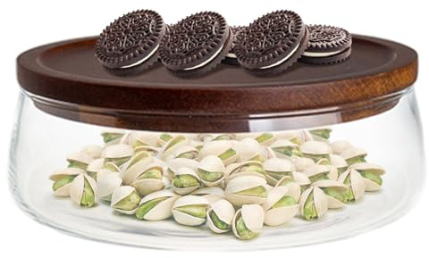 Jorzer Glass Serving Bowl, Clear Glass Salad Bowl with Wooden Lid Farmhouse Style Round Food Storage Platter for Home Kitchen Party Candy Nut Fruit, L