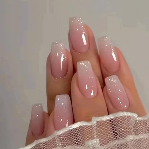 24PCS Short French False Nails - Square Press On Nails With Pink Glitter Gradient Design - Stick On Removable Full Cover Glossy Acrylic Fake For Women And Girls Art Accessories