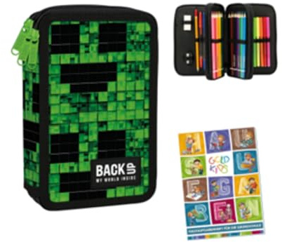 Goldkids - Federmäppchen 3 Fächer - Mäppchen für Mädchen und Jungen - Federmappe 3-Fach Federtasche Gefüllte Schüleretui Schulmäppchen und Hausaufgabenheft - Game Motiv