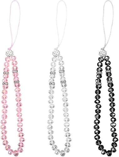 Hopzab 3 Pcs Crystal Bead Phone Lanyards Sparkling Phone Charm Hanging String Stylish Mobile Chain Beads Wrist Strap Anti-Lost Keychain for Girls Women-Black White Pink