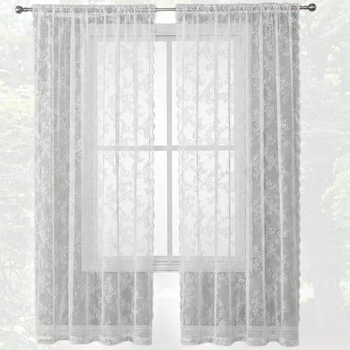 2-pack Vit spets gardin Vit voile dekorativ gardin, blommigt mönster transparent dekorativ gardin Vit gardin med gardin för kök vardagsrum sovrum (150 x 200 cm)