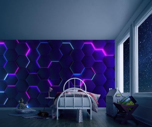 Sunny Graphics Print Neon Hexagon Pattern Photo Wallpaper Mural Pink Blue Futuristic Wall Design for Lounge Reading Room Studio Modern Decoration Wall Covering