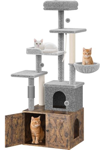 Mueble Ocultador De Arenero Gato y árbol Rascador 2 En 1 - Gran Torre Multiespacio con Postes Rascadores, Hamaca,Plataformas, Bola Colgante y Casa De Madera - para Gatitos, Adultos y Múltiples Gatos