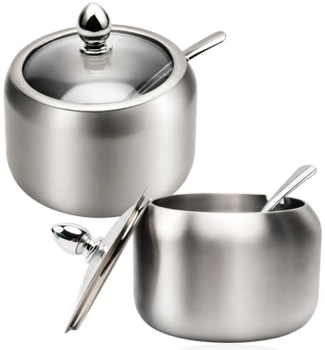 TIANLIN 2 Pièces 430 ml Bol à Sucre en Acier Inoxydable 304, Sucrier pour Sucre Morceaux avec Cuillère, Sucrier avec Couvercle Transparent, Poignée Bouton Fleur, Boite Sel Argenté, pour Cuisine, Café