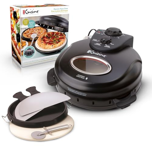 Euro Cuisine PM600 Rotating Pizza Maker with 12 Inch Non-stick Ceramic Stone & Baking Pan, Indoor Countertop Electric Pizza Oven, Automatic Timer, View window, Ideal for frozen or take-n-bake pizzas