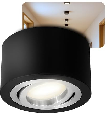SSC-LUXon LANTI Aufbauspot schwarz rund schwenkbar 4W neutralweiß | Schwenkbarer Deckenstrahler schwarz mit Silberring - neutralweiß, ideal für Küche, Flur & Wohnzimmer, Aufputz 230V