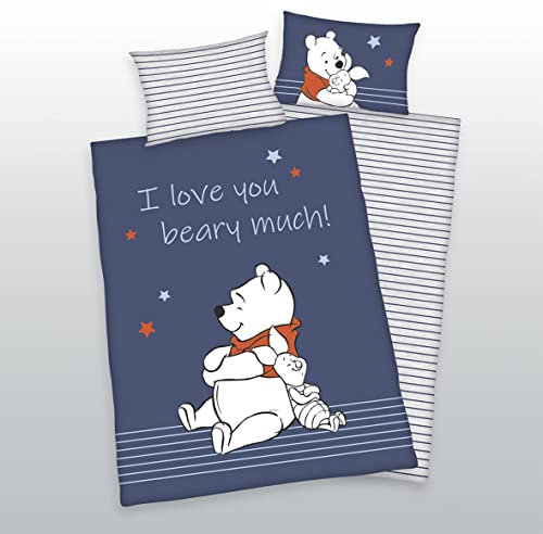 Arle-Living 3 TLG. Baby Bettwäsche Set mit Wende Motiv: Winnie Pooh - 100x135 cm + 40x60 cm + 1 Spannbettlaken 70x140 cm (blau)