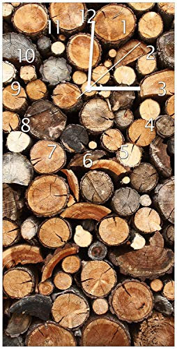 Wallario Design-Wanduhr Dunkler Holzstapel rund aus Glas, Motiv-Uhr Größe 30 x 60 cm, weiße Zeiger