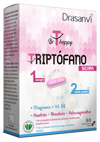 DRASANVI Triptófano Bicapa | para la Ansiedad, Cansancio e Insomnio | Capa lenta con Azafrán, Rhodiola y Ashawganda | capa rápida con Triptófano y Magnesio| 60 Comprimidos= 60 Días