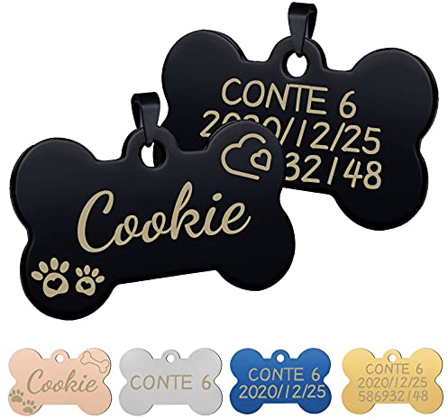 Uiopa 2 Stücke Hundemarke mit Gravur, Hundemarke Knochen mit Gravur aus Edelstahl Personalisier, Adressanhänger Hund/Katze Namensschild für Mittelgroße Bis Große Hunde und Katzen (Schwarz, S)