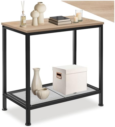 tectake® Beistelltisch Holz + Metall, Nachttisch schmal, Couchtisch mit Gitterablage, Konsolentisch, Tisch Wohnzimmer, Deko Schlafzimmer, Blumenständer - Industrial Holz hell, Eiche Sonoma
