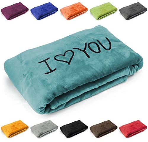 Deitert Kuscheldecke 'I Love You', Geschenk zu Valentinstag, Geburtstag, Hochzeitstag, hochwertig Bestickt, 200cm x 150cm extra weiche und gemütliche Sofadecke/Wohndecke, hochwertiges Fleece (Petrol)