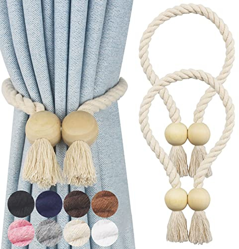 Nieffeiy 2 Pack Magnetic Curtain Tiebacks Cotton Hand Woven Tie Back Decorative Rope Holdbacks for Curtains Draperies No Tools Required, Beige