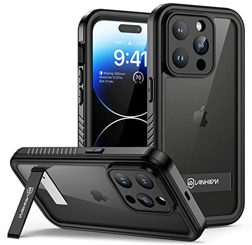 Lanhiem für iPhone 14 Pro Hülle Wasserdicht Stoßfest mit Ständer | Handyhülle iPhone 14 Pro, 360 Grad Ganzkörper Outdoor Panzerhülle, mit Eingebautem Displayschutz, Schwarz