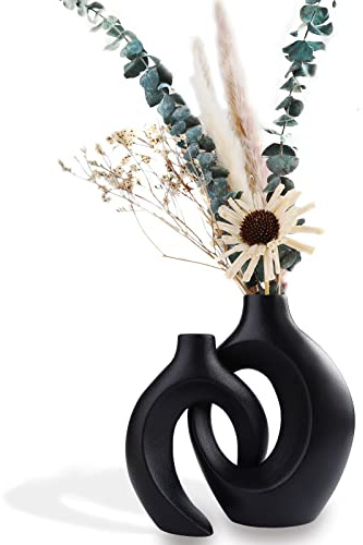 Schwarz Matt Keramik Vase Für Pampasgras - Nordic Ring Form Modern Deko Blumenvase Für Wohnzimmer, Schlafzimmer, Heimdekoration