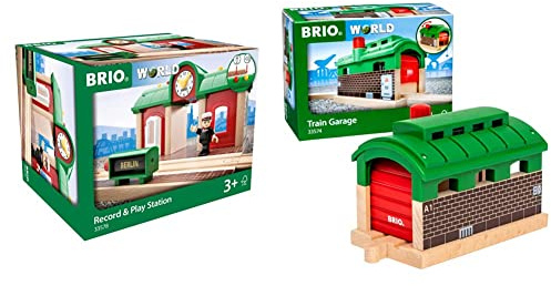 BRIO World Sprechender Bahnhof und Lokschuppen - Eisenbahn Zubehör mit Aufnahmefunktion und Rolltor - Kleinkinderspielzeug