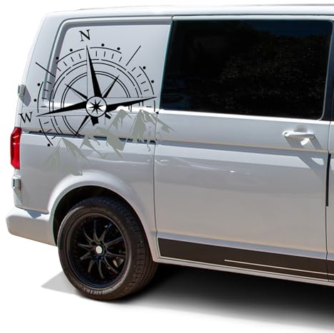 Finest Folia Autoaufkleber Windrose Sport Mountains 60x56cm Sticker Folie für Auto Wohnwagen Anhänger Aufkleber Selbstklebend Kfz Zubehör KX072 KX073 (Kompass schwarz, Berge Grau)