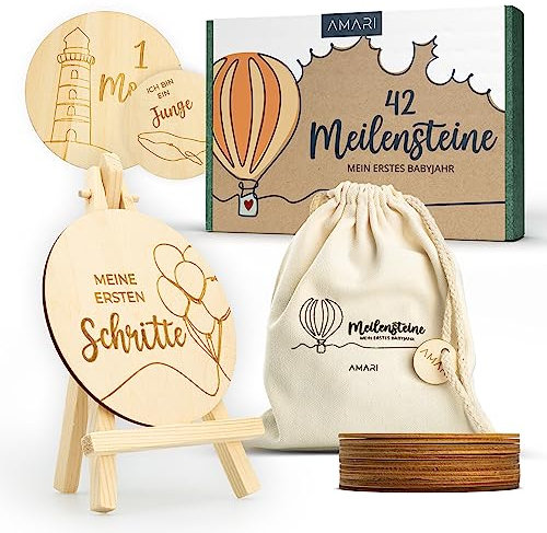 AMARI ® Meilensteinkarten Baby aus Holz (42 Stück) - Baby Geschenk zur Geburt - Babyparty Deko, Babygeschenk Junge Mädchen, Babygeschenke, Geschenk Geburt Neugeborene Babyshower