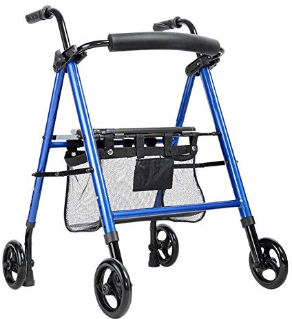 Lättviktsrullator för äldre rollator, vagn, med sits, lätt hopfällbar, multifunktionell fyrhjulsrullator, gåhjälp (blå)