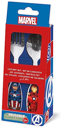 Tataway Marvel Set 2 posate blu per bambini in acciaio inossidabile Avengers Captain america Iron Man con punte arrotondate