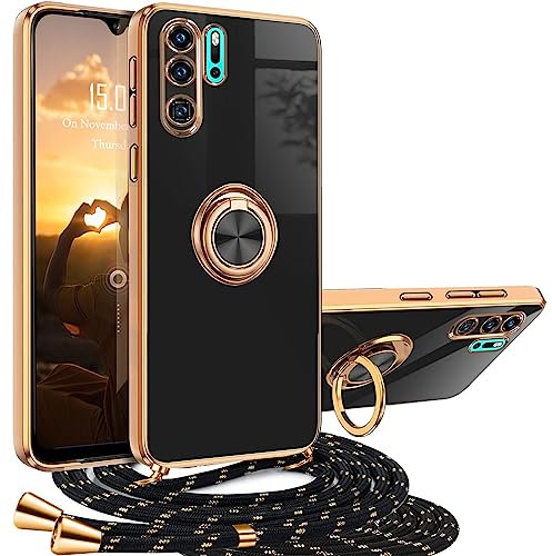 XCYYOO Handykette Hülle mit Band, Silikon Schutzhülle zum Umhängen - Galvanisierte Stoßfest Huawei P30 Pro Case mit Ring