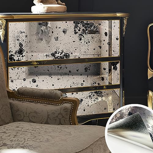 LiveInUrban Vintage Foxed Paint Silver Spots Antique Chrome Reflective Style Wallpaper, Grunge Peel and Stick Contact Paper for Wall Furniture Vanity Dresser Home Decor, 15.35x39.37