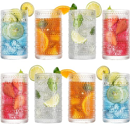 wookgreat Drinking Glasses, 8 pcs Embossed Designed Glass Cups, 12oz Highball Glasses, Tall Water Glass Tumbler, Mojito Cups, Cocktail Glass, Vintage Glassware Set for Water, Juice, Cocktail, Whiskey