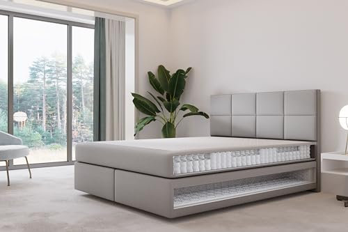 TRADA Boxspringbett 180 x 200 cm mit Pocket und Bonellmatratze - Mallorca - Sehr Weich Modern Bett ohne Bettkasten - Grau