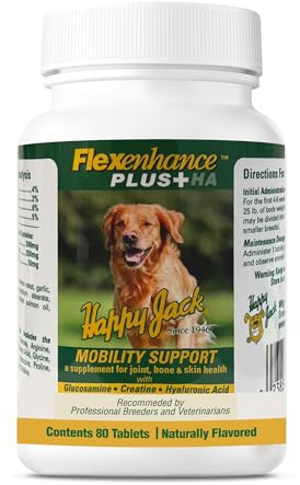 HAPPY JACK Flexenhance Dog Hip and Joint Supplement with Skin & Coat Support Plus (80 Chewable Tabs), Improve Flexibility & Mobility, Glucosamine, Green Lipped Mussel, Fish Oil