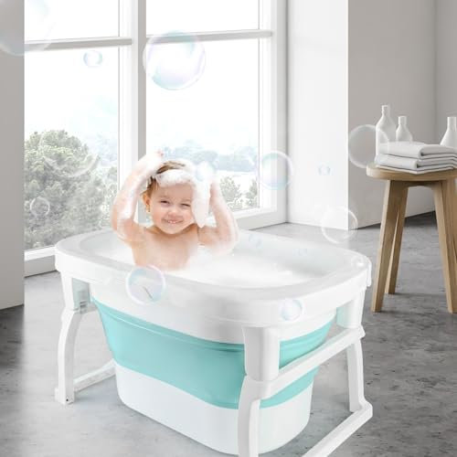 3 en 1 Bañera Plegable de Bebe de 0 a 8 Años, Bañera con Tapón de Drenaje, Capacidad de Carga de 50 KG-Baño Portátil para Niños, Antideslizante y Cómodo-72 * 51 * 42cm-azul