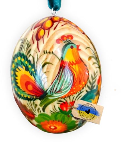 Handbemalte Ostereier zum Aufhängen aus Holz mit Schönem Vogel und Blumenmuster, 6-7 сm Ukrainische Petrykiwka-Malerei Pysanky Kunsthandwerk