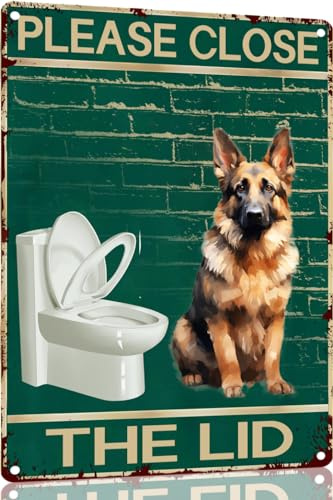 TopPacific Targa in latta con pastore tedesco, con scritta in lingua inglese Dog Please Close The Lid , per bagno e toilette, stile vintage, 30,5 x 20,3 cm, per bagno e WC, per gli amanti dei cani