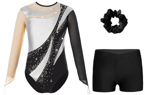 ranrann Enfant Fille Justaucorps et Short Ensemble Costume Gymnastique Danse Patinage Artistique Tenue Spectacle 5-16 Ans Argenté&Noir 13-14 ans