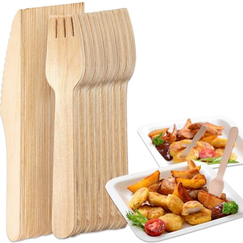 Einwegbesteck Set, 200 Stück, Holzbesteck, umweltfreundlich aus Holz, biologisch abbaubar(Holzgabeln-Holzmesser)