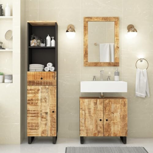 Gecheer 3-TLG.Badmöbel-Set Badezimmerschrank Waschbeckenunterschrank Badschrank Hochschrank Aufbewahrungschrank Badregal Badkommode Mehrzweckschrank Badmöbel Massives Mangoholz mit natürlichem Finish