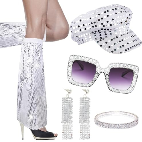 70er Jahre Disco Zubehör, 70er Jahre Fancy Dress Frauen Zubehör, Rahmen Bling Sonnenbrille Ohrringe Stirnband Armband Beinwärmer Disco Fancy Dress Kit für Frauen Retro 70 Thema Party Hippie Kostüm