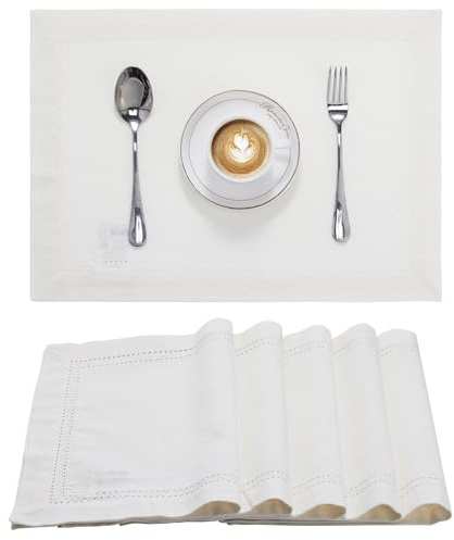JEMIDI 6er Set Tischset mit Hohlsaum - 6 Tischsets aus Baumwolle - 6X Platzdeckchen Platzset aus Leinenoptik Stoff - Tisch Sets Platzsets Placemats - Weiß