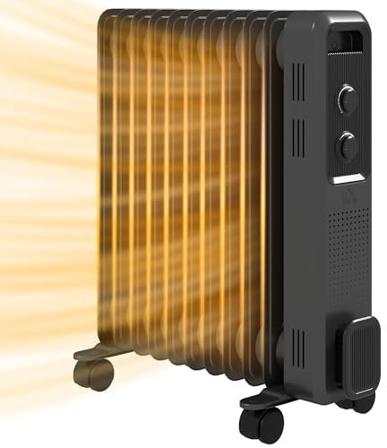 HOMCOM 2500W Oil Filled Radiator, 11 Fin, Portable Electric Heater with 3 Heat Settings, Safety Cut-Off and Wheels, Grey