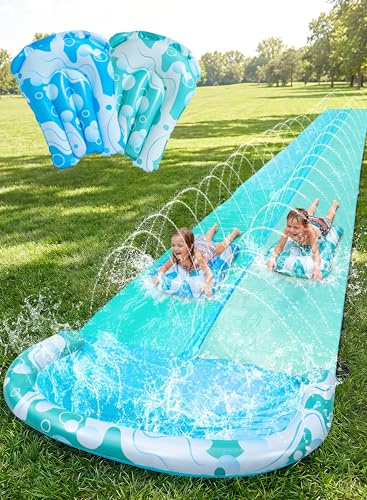 JOYIN 32.5ft/990.6cm Water Slide and 2 Inflatable Boards, Extra Long Slides Heavy Duty Double Lawn Waterslide with Sprinkler for Kids Adults Backyard Summer Water Toy Outdoor Fun,Blue,Light Blue