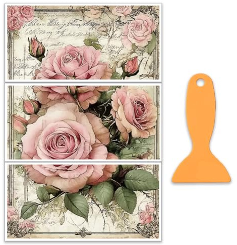 OLYCRAFT 3 Stück/Set Vintage Rosen Transferfolien Zum Aufreiben Für Möbel Und Kunsthandwerk 30x15cm Große Rosa Möbelaufkleber Transferaufkleber Mit Blumenmotiv Abziehbilder Mit 1 Teiligem Schaber