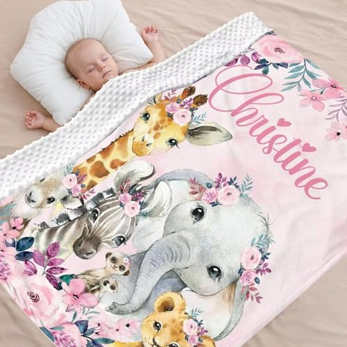 Babydecke mit Namen Personalisiert,Elefant Muster Flauschige Warme doppelseitig Minky Kuscheldecke,Geschenk Baby Taufe Geburt Mädchen Junge für Kinderdecke Namensdecke Krabbeldecke