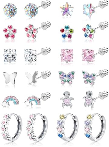 Morfetto Hypoallergenic Silver Studs Earrings for Women Girls - 12 Pairs Surgical Steel Screw Back Earring Cute Flower Butterfly Stud Hoop Sleeper Earring Cartilage Earrings for Sensitive Ears