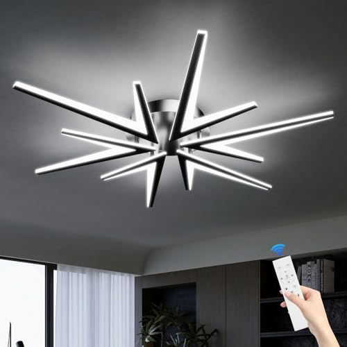 Lanmorn Deckenleuchten Wohnbereich Led Dimmbar mit Fernbedienung, 92cm Deckenlampe Led Wohnzimmer, Wohnzimmerlampe Decke 72w LED 6800lm Dachlampe Schlafzimmer, Schwarz